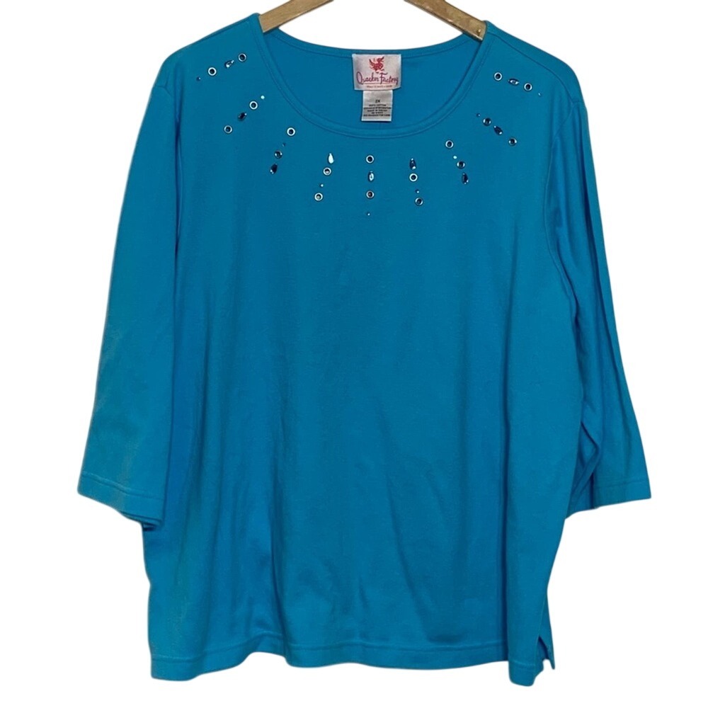 NWT Quacker Factory bright teal blue grommet rhinestone‎ embellished blouse 2X